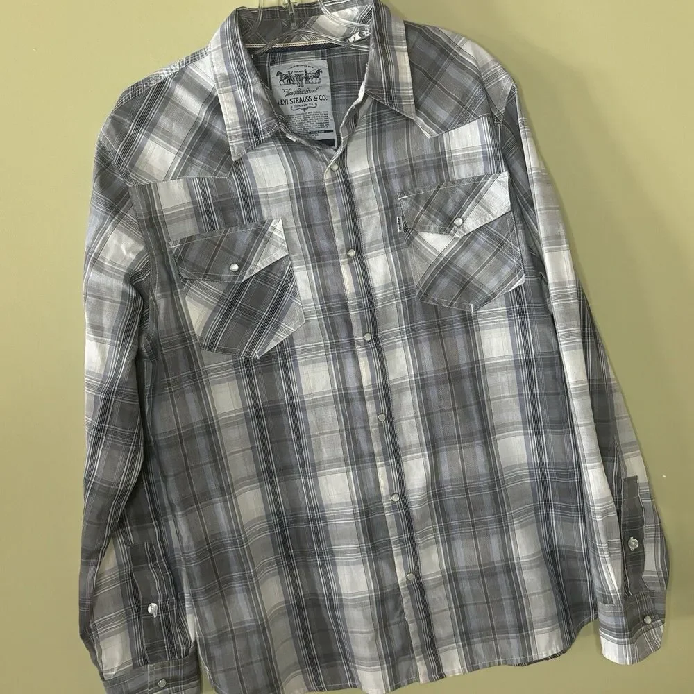 Levi's Shirt Men's Large Western‎ Pearl Snap Plaid Long Sleeve Gray Blue Cowboy